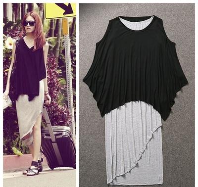 時尚女裝新寵 唐嫣同款黑短袖T灰色背心蝙蝠袖兩件套連身裙